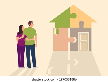 Simple flat vector illustration of young couple looking at house made from puzzle