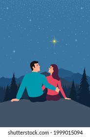 Simple flat vector illustration of young couple under the starry sky