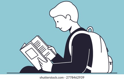 A simple flat vector illustration of a young student boy wearing a backpack while sitting down and focusing on reading a book, represented in a clean minimal style.