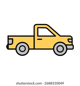 Simple flat vector image depicts a yellow pickup truck icon. It features black outlines and is set against a clean white background.