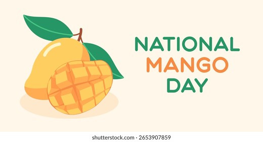 Imagem vetorial plana simples com fruta madura de manga com folhas e texto para o Dia Nacional da Manga. Para design de cartão, tropical ou de alimentos. Ilustração de desenho animado. Mínimo. Plano de fundo isolado.