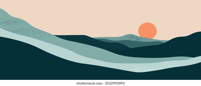 A simple, flat vector landscape featuring mountains, hills, and a sunset sky. warm colors create a serene and minimalist design, perfect for nature-inspired projects and peaceful outdoor scenes.