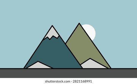 Simple flat vector landscape illustration showing high mountain peaks under a clear sky with a large shining sun.