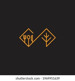 Simple flat vector logo illustration of spoon, fork and knife icon with tree branch. Good for a symbol of a restaurant or food and beverage business.