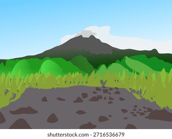 Vetor plano simples de Majestic vista do nascer do sol do vulcão Monte Merapi, Yogyakarta, Indonésia. Paisagem de montanha de tirar o fôlego com neblina matinal, céu azul claro e campos verdes exuberantes.
