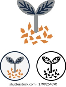Simple flat vector plant fertilizer icon. Round signs or logo with a silhouette of a young growing stem and soil granules around