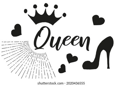 Simple flat vector print for a T-shirt with the word Queen. Black icons of crown, female shoe, hearts and text isolated on white background