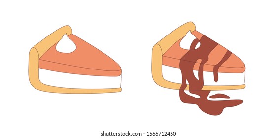 Simple flat vector pumpkin cheesecake. Isolated set. Baked dessert, orange tart design element. Traditional american pie piece and caramel