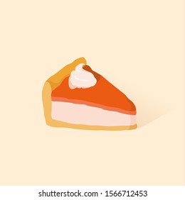 Simple flat vector pumpkin cheesecake. Isolated on beige background. Baked dessert, orange tart design element. Traditional american pie piece and heavy cream