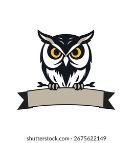 A forma vetorial plana simples de uma cabeça de coruja sábia é posicionada sobre uma bandeira clássica para um nome.