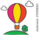 A simple flat vector style illustration of a vibrant multicolored hot air balloon with pink yellow and red panels floating in the sky