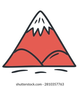 A simple flat vector style illustration of a triangular mountain peak with red base and white snow top on a plain background