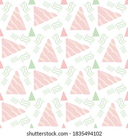 Simple flat vector of textured triangles repeat pattern on white background for textile and wallpaper. Abstract pastel pink color geometric contemporary seamless summer pattern for bedsheet.