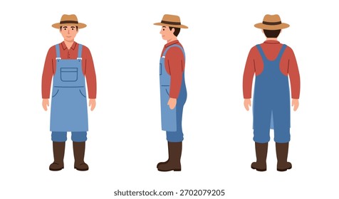 Um vetor plano simples de três produtores de laticínios. visão frontal de corpo inteiro, visão lateral de corpo inteiro e visão traseira de corpo inteiro.