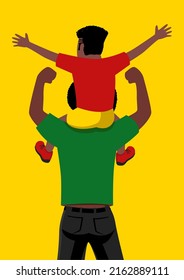 Simple flat vector with vibrant colors of a son on his father shoulders, for black family and juneteenth theme