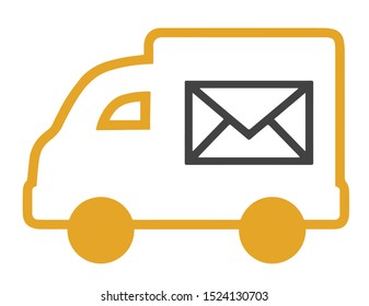 Simple flat vector web icon of a post package delivery truck with yelow outlines and black letter symbol