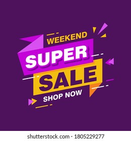 Simple Flat Weekend Super Sale Banner with Purple and Yellow Color Design, Discount Offer Banner Template Vector for Advertising, Social Media, Web Banner