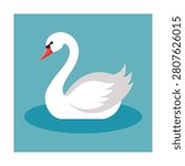Simple flat of a white swan floating on a blue pond with minimalist shapes and soft color tones