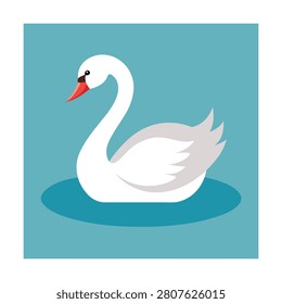 Simple flat of a white swan floating on a blue pond with minimalist shapes and soft color tones