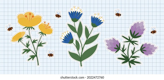 Simple flat wild flowers with flying bees