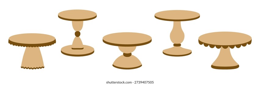 Simple flat wooden cake stands set. Vector illustration of empty cake stands of different shapes isolated on white background. Wedding banquet element