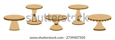 Simple flat wooden cake stands set. Vector illustration of empty cake stands of different shapes isolated on white background. Wedding banquet element