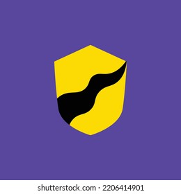 Simple and flat yellow colored shield vector logo with curvy swoosh inside and isolated on purple background. Logo for apps, technology, school, government, coat of arms, heraldry, and company.