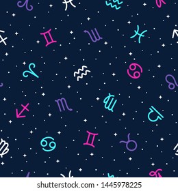 Simple flat zodiac signs, horoscope symbols seamless repeat colorful vector pattern. Tiny dots, night sky stars, sparkles, sparks texture. Zodiac icons astrological, New Year calendar background.