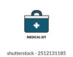 Simple, flat-design medical kit icon in blue and white. The kit has a handle and a prominent white cross symbol.