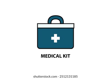 Simples, ícone de kit médico de design plano em azul e branco. O kit tem uma alça e um símbolo proeminente de cruz branca.