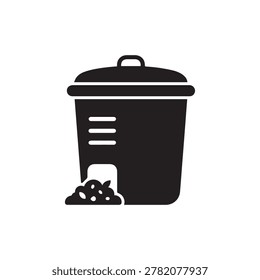 A simple, flat-illustrated waste bin with a lid and two side handles is depicted in solid black against a plain white background. The bin appears to be tipped slightly, causing trash to spill out from.
