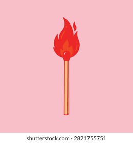 A simple, flat-style digital illustration featuring a single wooden matchstick ignited with a bright red flame, centered against a soft pastel pink background.