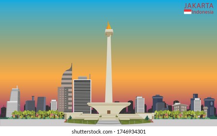 Simple flat-style illustration of capital of Indonesia, Jakarta, and its landmarks. Famous buildings included such as Monas.	