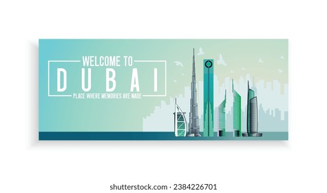 Simple flat-style illustration of Dubai city in United Arab Emirates and its landmarks. Famous buildings included such as Burj Khalifa, Burj Al Arab, Dubai Atlantis, and cities notable tall buildings.