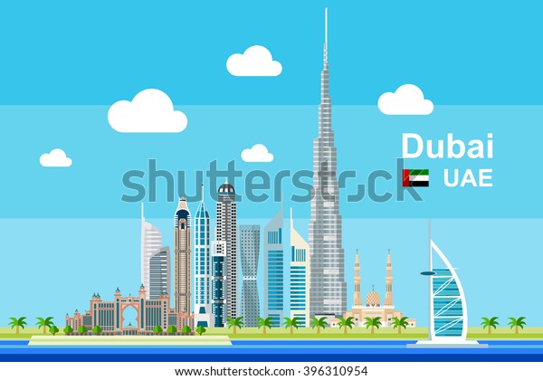Simple flat-style illustration of Dubai city\
in United Arab Emirates and its landmarks. Famous buildings\
included such as Burj Khalifa, Burj Al Arab, Dubai Atlantis, and\
cities notable tall\
buildings.