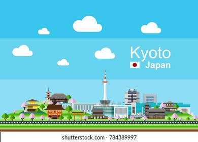 Simple flat-style illustration of Kyoto city in Japan and its landmarks.