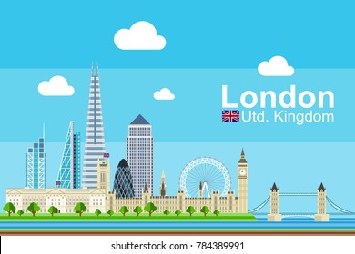 Simple flat-style illustration of London city in UK and its landmarks. Famous buildings such as Buckingham Palace, London Houses of Parliament Building, and London Tower Bridge included.