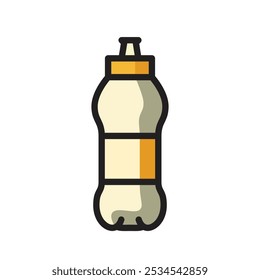 A simple, flat-style illustration of a plastic bottle with an orange label and cap.