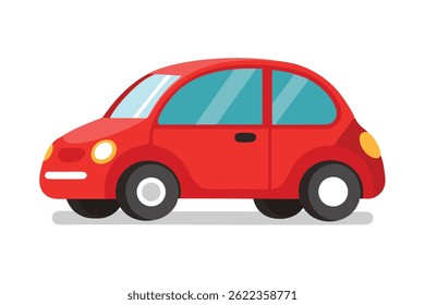 Simple, flat-style illustration of a red car with teal windows and yellow lights. The vehicle has dark tires and sits on a bright white background.