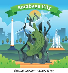 Einfache, flache Illustration der Stadt Surabaya in Indonesien und ihrer Wahrzeichen. Berühmte Gebäude und touristische Objekte wie Surabaya Statue, Tugu Pahlawan und Suramadu Brücke inbegriffen.