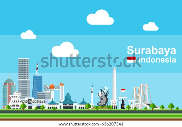 インドネシアのスラバヤ市とその史跡の簡単な平らなイラスト スラバヤ像 ツグパフラワン スラマドゥ橋など 有名な建物や観光用のオブジェクトが含まれています のベクター画像素材 ロイヤリティフリー