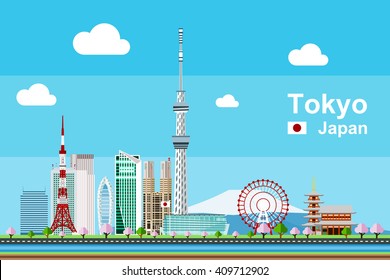 Simple flat-style illustration of Tokyo city in Japan and its landmarks. Famous buildings included such as Tokyo Tower, Sensoji temple, Daikanransha ferris wheel, and cities notable tall buildings.