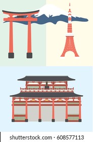 Simple flat-style illustration of Tokyo city in Japan and its landmarks.