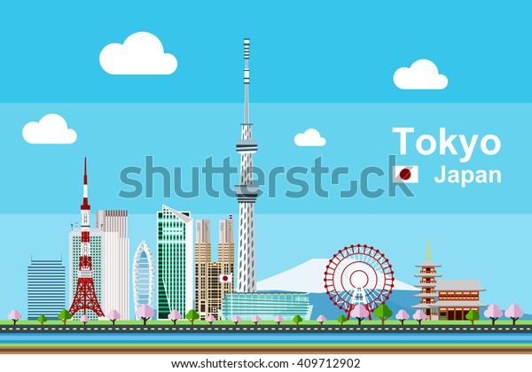 日本の東京市とその目印の簡単な平らなイラスト 東京タワー 浅草寺 大観覧車などの有名な建物や 名高い建物がある のベクター画像素材 ロイヤリティフリー