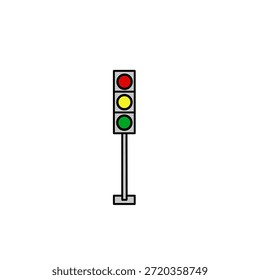 ​A simple, flat-style illustration of a vertical traffic light mounted on a grey pole and base. The signal features a grey rectangular housing with three distinct circular lamps. The top light is red, the middle is yellow, and the bottom is green, all set against a clean white background. Each element is outlined with a thin, black stroke, creating a clear, cartoon-like appearance. This graphic represents standard road safety, transportation control, and urban infrastructure in a minimalist, symbolic design.