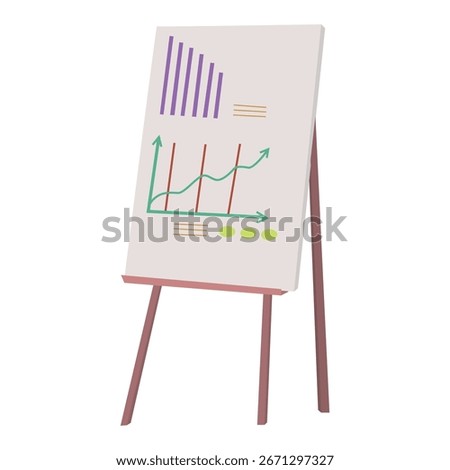 A simple, flat-style illustration of a whiteboard on an easel. The board features several types of charts and diagrams, including a line graph showing an upward trend and a bar chart. Business clipart