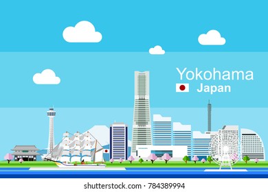 Simple flat-style illustration of Yokohama city in Japan and its landmarks. Famous buildings landmarks in its Minato Mirai districts and tourism objects such as Nippon Maru ship museum included.