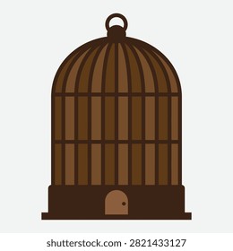 A simple, flat-style vector illustration of a brown, vintage-style birdcage with a domed top and a small door, isolated against a plain light gray background.