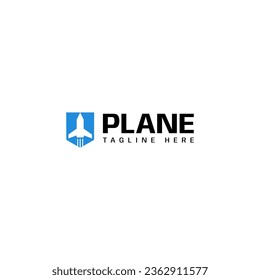 Simple flight logo. Plane and shield symbol. Vector template