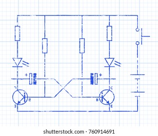 Simple flip flop circuit hand drawn on graph paper background.
